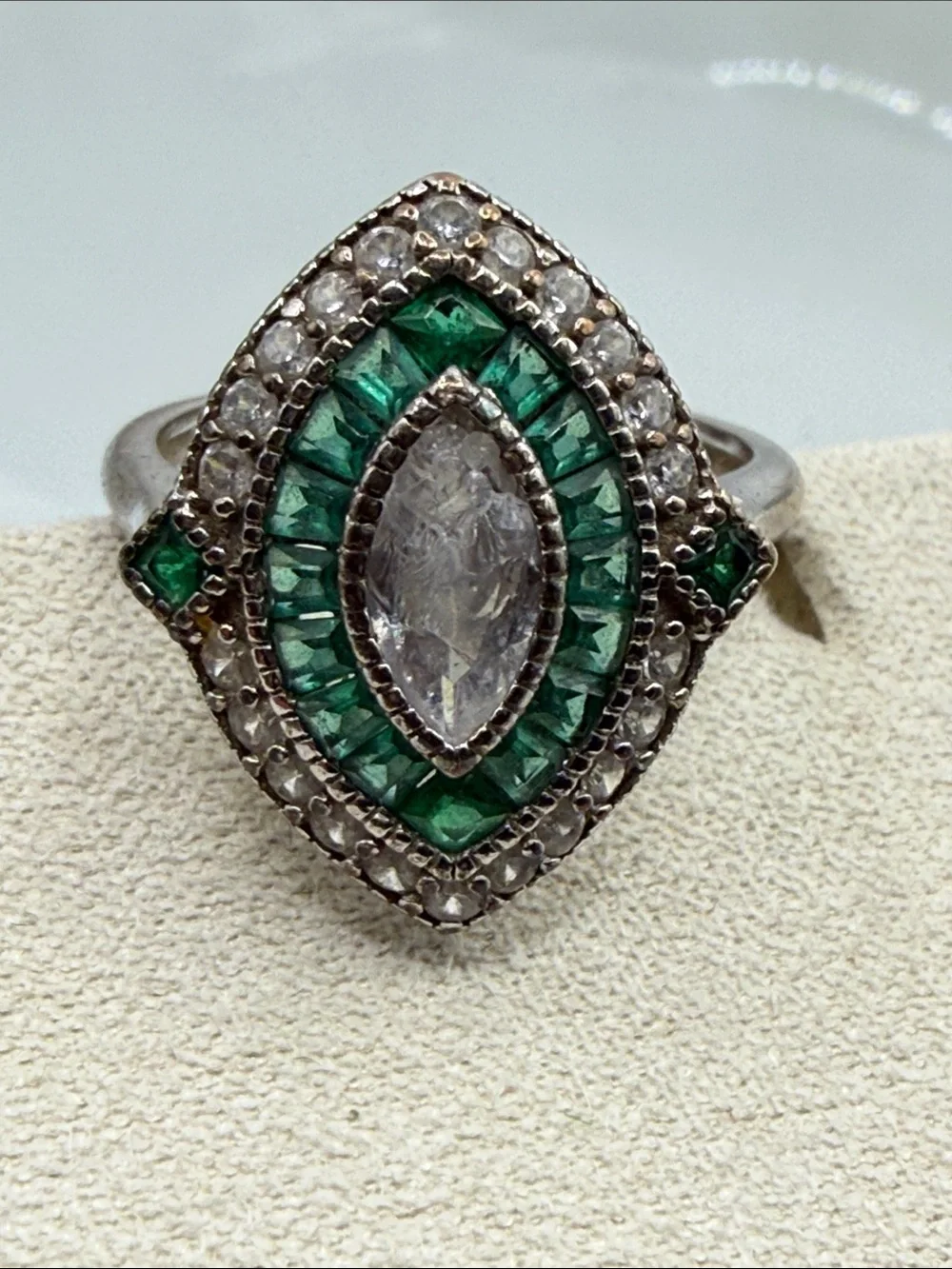 Emerald color Halo Marquise Ring Green & White art deco Statement 925 stamp Sz 5